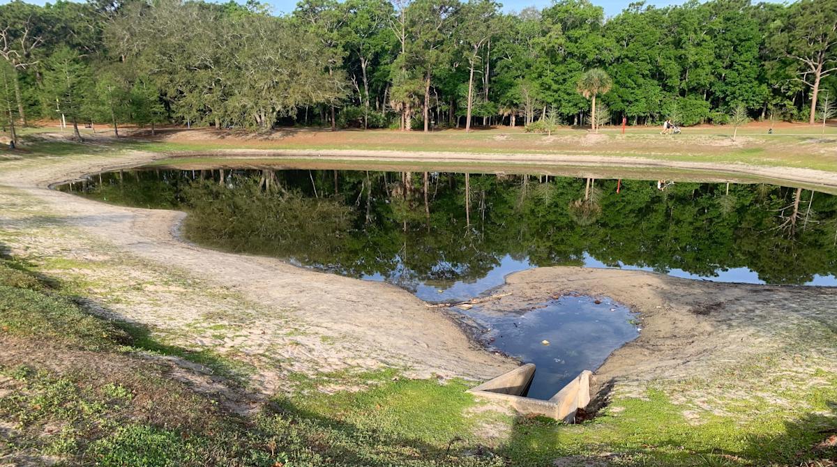 low retention pond with muck and exposed sandy bank. TDS levels rising in Jax water supply.